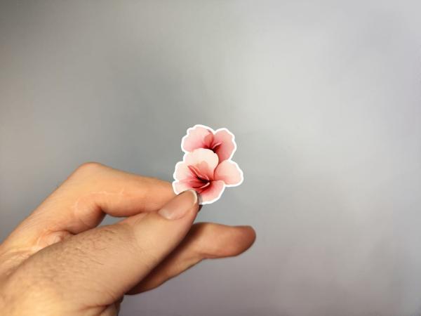Hand, die einen Blumenaufkleber mit einer zarten rosa Blüte hält, gestaltet von DreamArt VM.