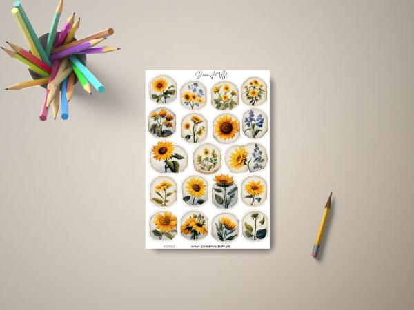 Aufkleber-Set mit Sonnenblumen- und Blumenmotiven, präsentiert auf einem Tisch mit Buntstiften und Bleistift, gestaltet von DreamArt VM.