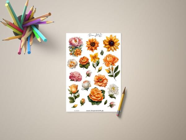Sticker-Set mit handgezeichneten Blumen in verschiedenen Farben und Formen.