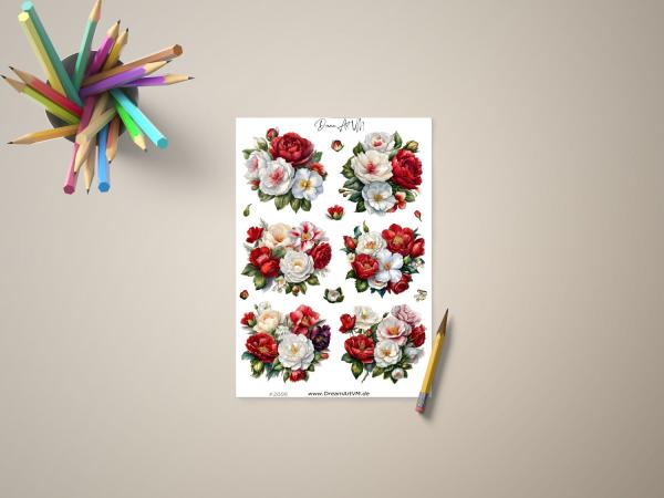 Blumenaufkleber-Set mit verschiedenen floralen Motiven in Rot und Weiß, präsentiert auf einem Tisch mit Buntstiften und Bleistift, gestaltet von DreamArt VM.