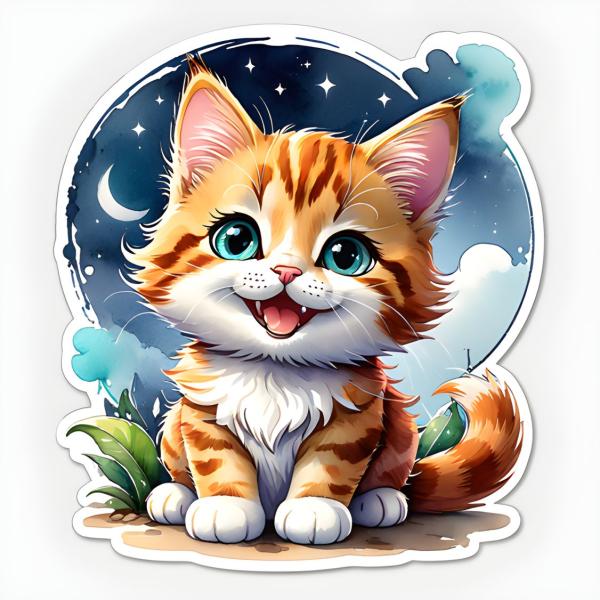 Niedlicher rot getigerter Kätzchen-Sticker, lächelnd vor einem Nachthimmel mit Mond und Sternen.