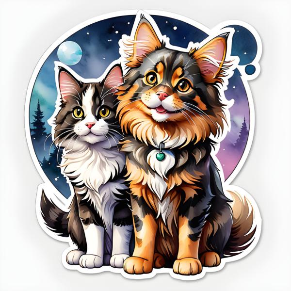 Sticker mit zwei süßen Katzen, eine schwarz-weiße und eine braun-orange, vor einem nächtlichen Hintergrund mit Mond und Sternen