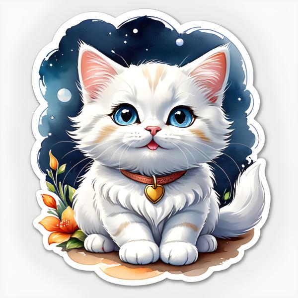 Sticker mit einer süßen weißen Katze mit blauen Augen und einem Herzanhänger, sitzend vor einem sternenklaren Nachthimmel und Blumen.