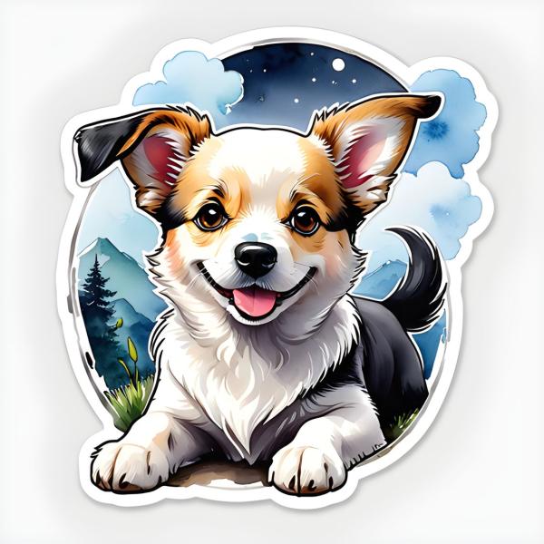 Sticker eines lächelnden kleinen Hundes, liegend vor einem Hintergrund mit Sternenhimmel und Bergen.