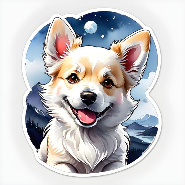 Sticker eines lächelnden Hundes mit einem Hintergrund aus Bergen und Sternenhimmel.
