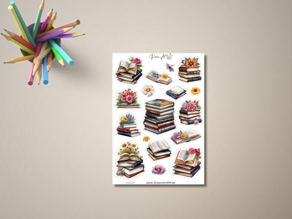 Stickerbogen mit verschiedenen Illustrationen von Bücherstapeln und offenen Büchern, dekoriert mit Blumen und Blüten, arrangiert auf einem hellen Hintergrund mit Buntstiften.