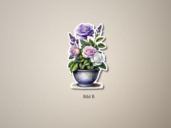 Sticker einer Blumenvase mit lila und rosafarbenen Rosen sowie Lavendelblüten, in einem dekorativen, klassischen Stil gestaltet. Perfekt als dekoratives Detail für verschiedene Projekte.