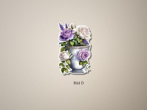 Sticker einer Blumenvase mit lila, weißen und rosa Rosen sowie Lavendel, gestaltet im klassischen Stil. Perfekt für kreative Projekte und Dekorationen.