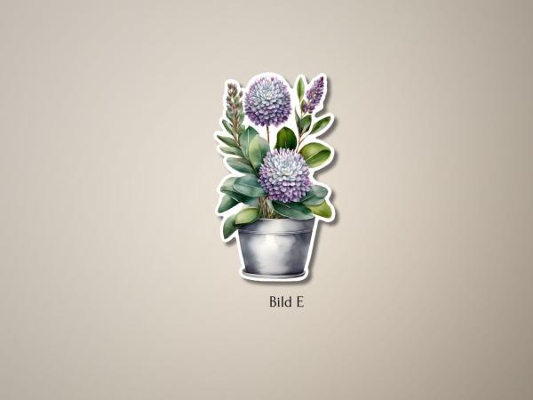 Sticker einer metallischen Blumenvase mit lila Blüten und grünen Blättern, detailliert im botanischen Stil. Ideal für Dekoration und kreative Projekte.