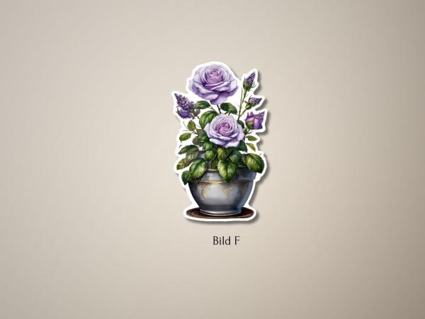 Sticker einer Blumenvase mit lila Rosen und grünen Blättern, in einem klassischen Design. Perfekt für kreative Bastelarbeiten und dekorative Akzente.