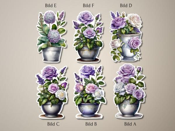 Sechs Aufkleber von Blumenvasen in klassischem Design mit lila und weißen Rosen sowie grünen Blättern. Perfekt für kreative Projekte, Bastelarbeiten und dekorative Zwecke. Jedes Bild ist mit einem Buchstaben (A bis F) gekennzeichnet.