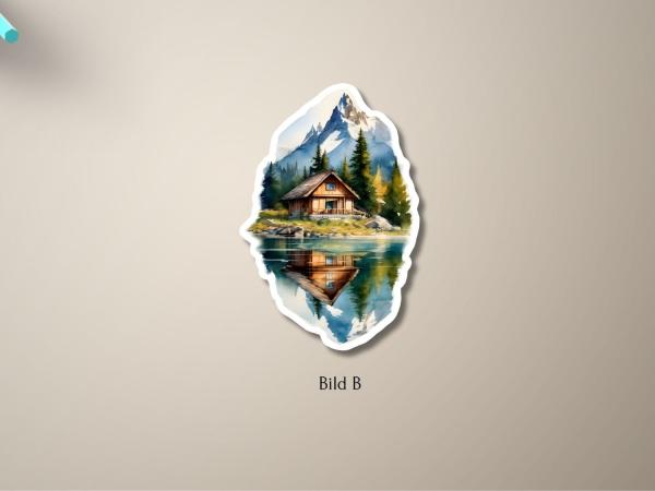Sticker einer Berghütte mit Spiegelung im See und Bergkulisse – Bild B, handgefertigt