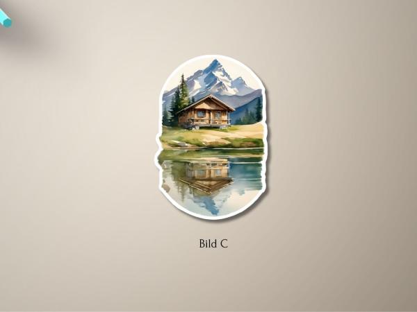 Handgefertigter Aufkleber mit Berghütte und Seespiegelung – Bild C, Aquarellstil