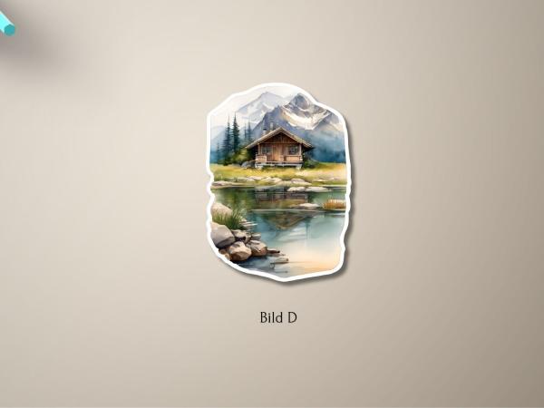 Handgefertigter Aquarell-Sticker mit Berghütte und Berglandschaft – Bild D