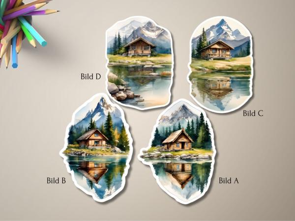 Sticker-Set mit Berghütten und malerischen Seelandschaften – handgefertigt im Aquarellstil, Bild A, B, C, D