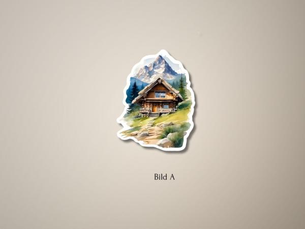 Sticker einer gemütlichen Berghütte auf einer grünen Wiese mit einem Berg im Hintergrund und einem gewundenen Pfad, der zur Hütte führt.