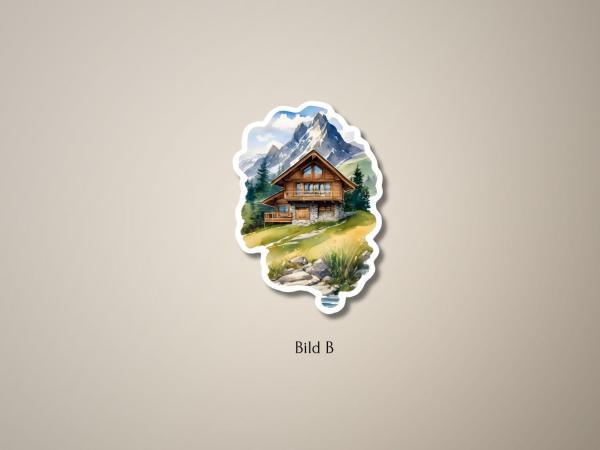 Sticker einer Berghütte mit Holzveranda, umgeben von grünen Wiesen und Bergen im Hintergrund, mit klarer Sicht auf einen majestätischen Gipfel.