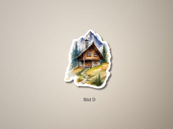 Sticker einer rustikalen Holzhütte in den Bergen, umgeben von Bäumen und hohen Berggipfeln, mit einem grasbewachsenen Weg im Vordergrund.