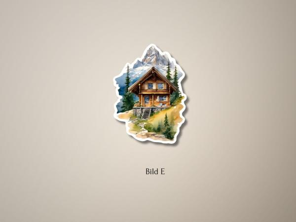 Sticker einer traditionellen Berghütte mit Holzfassade, umgeben von Tannenbäumen und hohen Berggipfeln, mit einem schmalen Pfad, der zur Hütte führt.