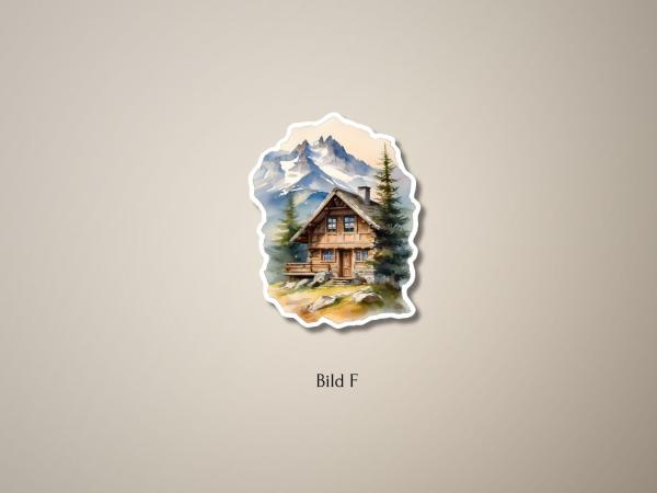 Sticker einer Berghütte mit Holzbalken, Tannenbäumen und hohen schneebedeckten Berggipfeln im Hintergrund, mit einem Pfad, der zur Hütte führt.