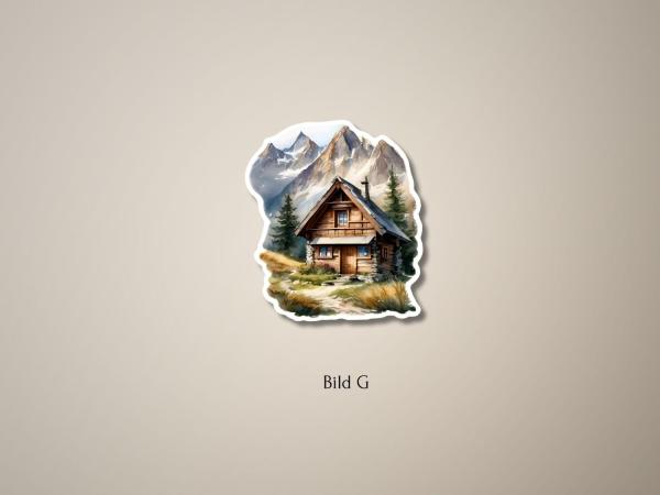 Sticker einer traditionellen Berghütte, umgeben von Tannenbäumen und hohen Bergen im Hintergrund, mit einem steinigen Pfad und Wiese im Vordergrund.