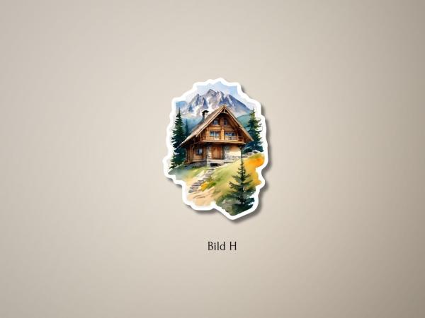 Sticker einer rustikalen Berghütte mit Holzdach, umgeben von Tannenbäumen und malerischen Berggipfeln im Hintergrund, auf einem sonnigen Wiesenhügel.