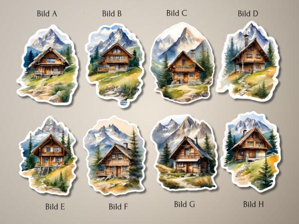 Set von acht Stickern mit rustikalen Berghütten, die in einer idyllischen Berglandschaft platziert sind. Jede Hütte ist umgeben von majestätischen Berggipfeln, Wiesen und Nadelbäumen, dargestellt in unterschiedlichen Designs und Perspektiven.