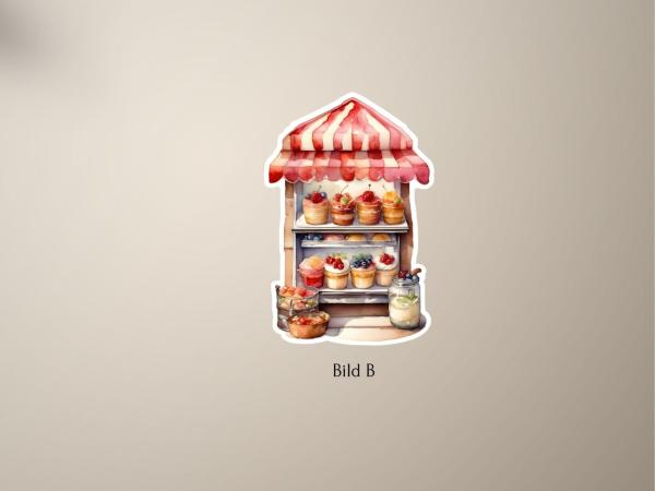 Handgefertigter Sticker mit einem Cupcake-Stand und frischen Früchten – perfekt für Planer und Scrapbooking
