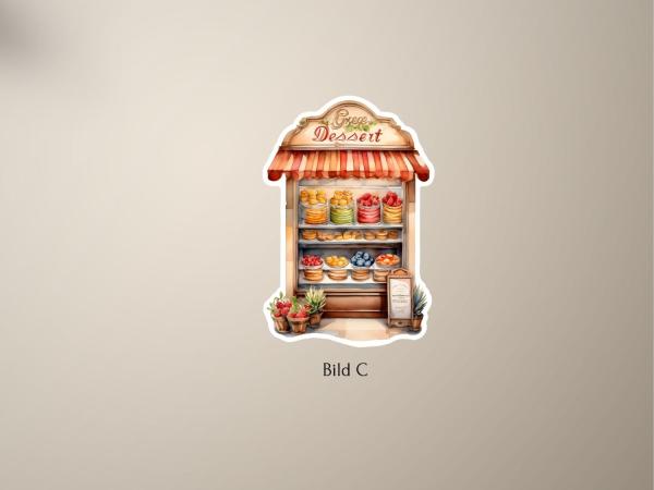 Sticker im Aquarellstil mit einem bunten Dessert-Stand – ideal für kreative Projekte