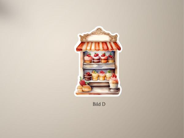 Sticker im Aquarellstil mit einem Cupcake-Stand voller Leckereien und Obst – ideal für kreative Projekte