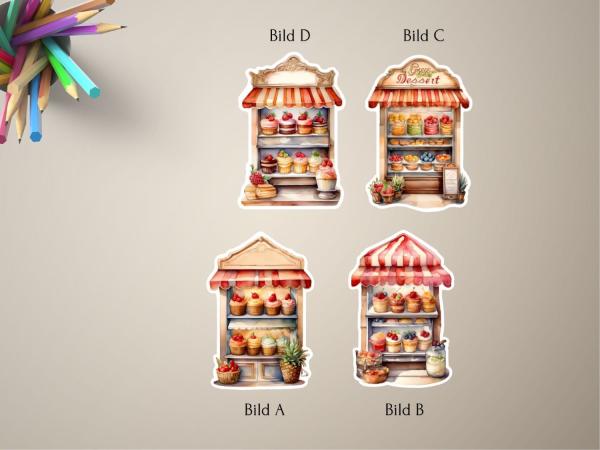 Kollektion handgefertigter Aufkleber im Aquarellstil mit verschiedenen Dessert-Ständen, die köstliche Cupcakes, Gebäck und Früchte präsentieren. Perfekt für kreative Projekte, Bullet Journals und Dekoration.