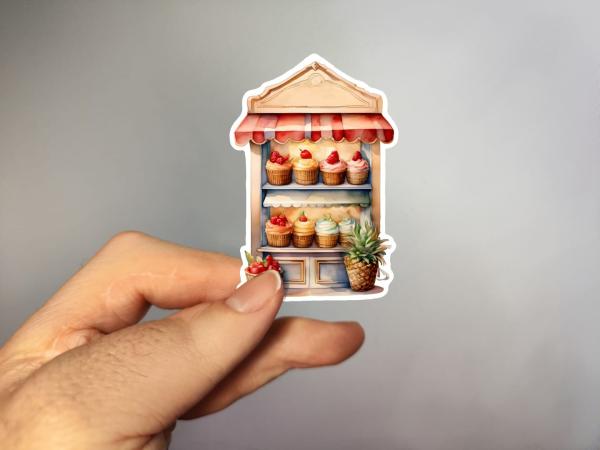 Handgefertigter Sticker eines süßen Cupcake-Stands mit tropischen Früchten – ideal für Planer und Scrapbooking