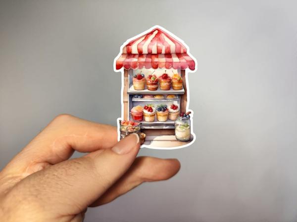 Dekorativer Aufkleber mit einem Dessert-Stand voller Beeren und Süßigkeiten – handgefertigt