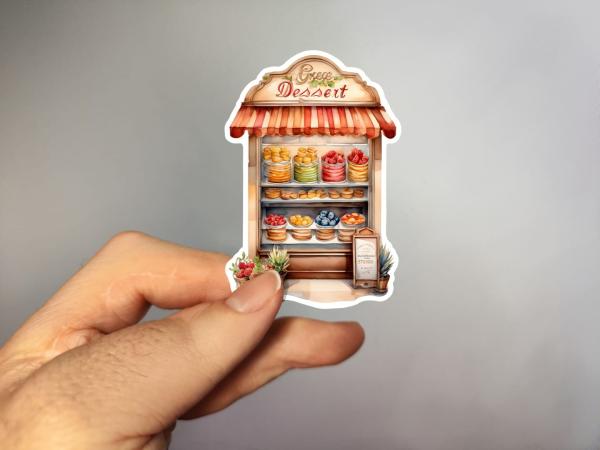 Dekorativer Aufkleber eines süßen Dessert-Stands mit tropischen Früchten und Leckereien – handgefertigt