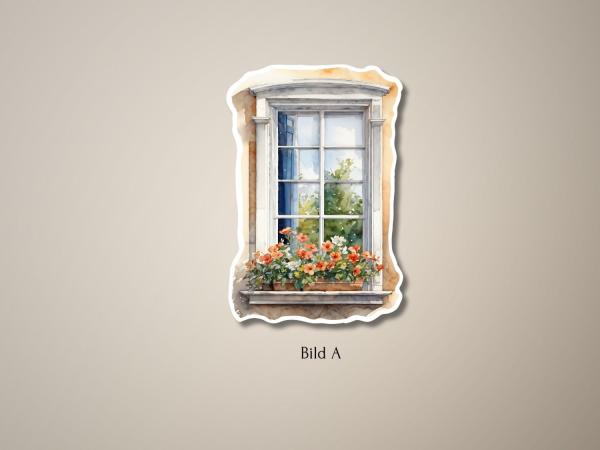 Vintage Fenster mit Blumenkasten im Aquarellstil – Bild A