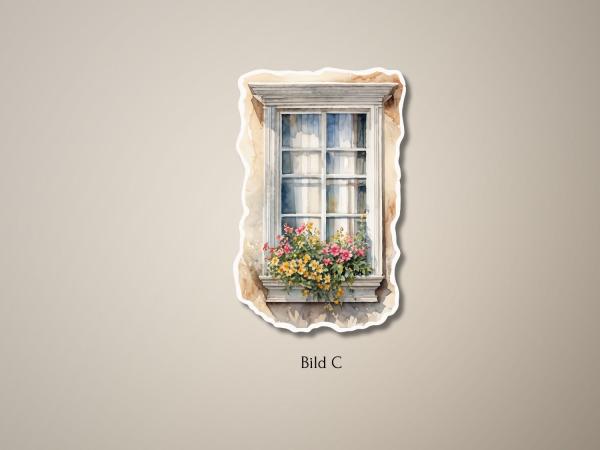 Handgefertigtes Aquarellbild eines Vintage-Fensters mit Blumenkasten – Bild C