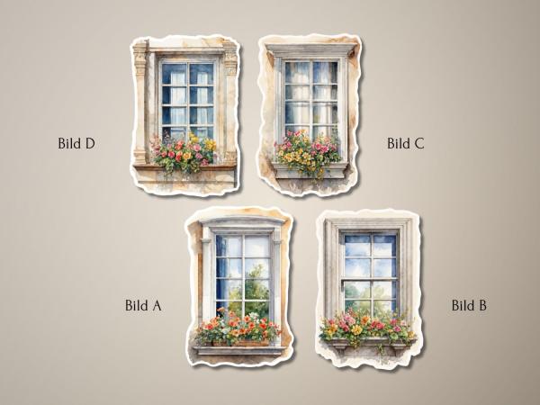 Einzigartiges Set von vier handgemalten Vintage-Fenster-Aufklebern mit Blumenkästen – Bild A, B, C, D