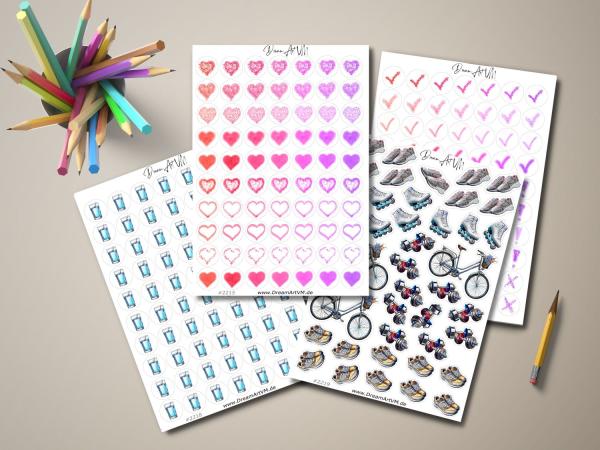 Sticker-Sheet-Set mit verschiedenen Motiven wie Herzen, Rollschuhen und Getränken – ideal für Planer und DIY