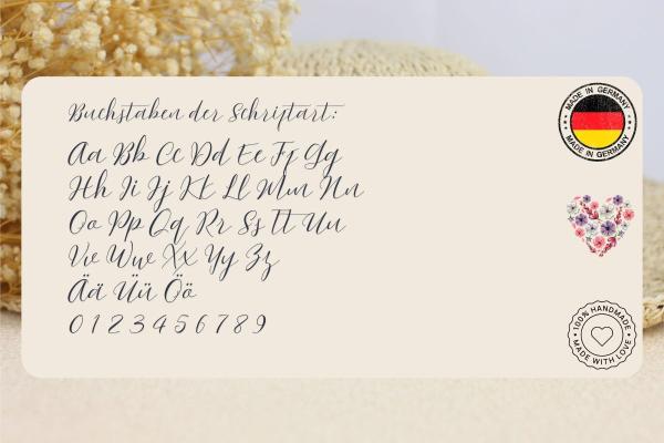 Bild einer handschriftlichen Schriftart mit allen Buchstaben des Alphabets, sowohl in Groß- als auch Kleinbuchstaben, sowie Zahlen von 0 bis 9 und deutschen Umlauten (Ä, Ü, Ö). Der Hintergrund ist beige mit Trockenblumen im oberen linken Bereich. In der o