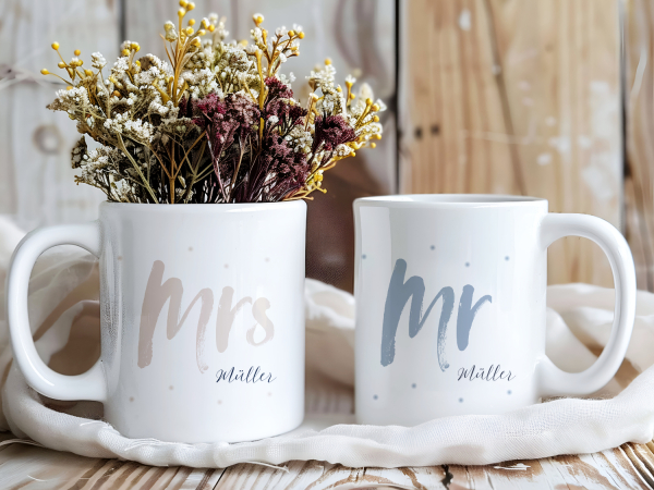 Personalisierte Partner-Tassen ‚Mr‘ und ‚Mrs‘ mit Nachname Müller auf weißer Keramik, dekoriert in Küchenumgebung.