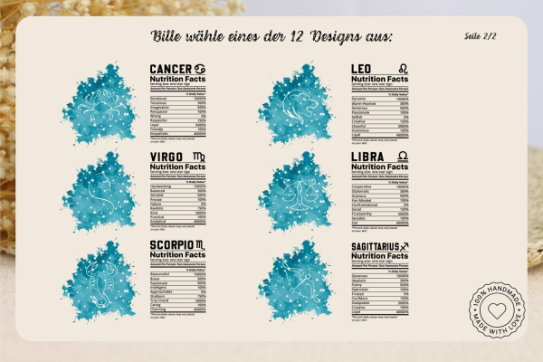 Zweite Übersicht über verschiedene personalisierte Tassen-Designs für Sternzeichen. Jedes Design zeigt das Symbol des jeweiligen Sternzeichens (z. B. Krebs, Löwe, Jungfrau, Waage, Skorpion, Schütze) mit humorvollen ‚Nährwertangaben‘ zur Persönlichkeit. Pe