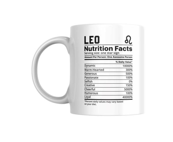 Weiße Tasse mit humorvollen ‚Nährwertangaben‘ für das Sternzeichen Löwe. Zeigt Eigenschaften wie Dynamik, Herzlichkeit und Loyalität als witzige Prozentangaben – ein perfektes Geschenk für Löwen und Astrologie-Fans.