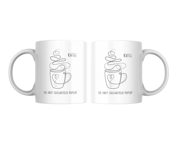 Minimalistische Kaffeetasse mit linearem Design und der Aufschrift ‚Kaffee für einen großartigen Moment‘. Ideal für entspannte Kaffeepausen und ein stilvolles Geschenk für Kaffeeliebhaber.