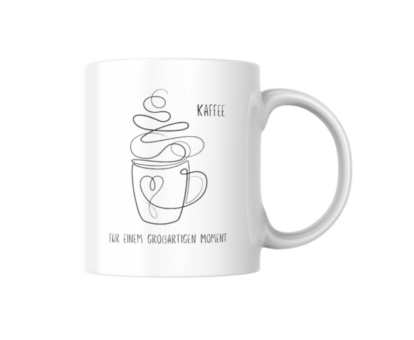 Weiße Kaffeetasse mit minimalistischem, linearem Design. Die Tasse zeigt eine einfache, elegante Skizze einer dampfenden Tasse und trägt den Text ‚Kaffee für einen großartigen Moment‘. Perfekt für Liebhaber von stilvollem, modernem Design.