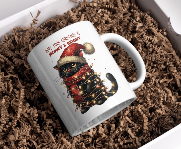 Weiße Tasse mit einem niedlichen schwarzen Kätzchen-Motiv, das eine rote Weihnachtsmütze trägt und in eine bunte Lichterkette eingewickelt ist. Oben der Text: 'Hope your Christmas is Meowy & Bright'. Die Tasse liegt in einer Geschenkbox mit braunem Verpac