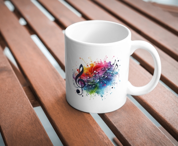 Weiße Keramik-Tasse mit farbenfrohem Musiknoten-Design, auf einem Holztisch im Freien präsentiert. Perfekt für Musikliebhaber und ideal für Kaffee- oder Teepausen.
