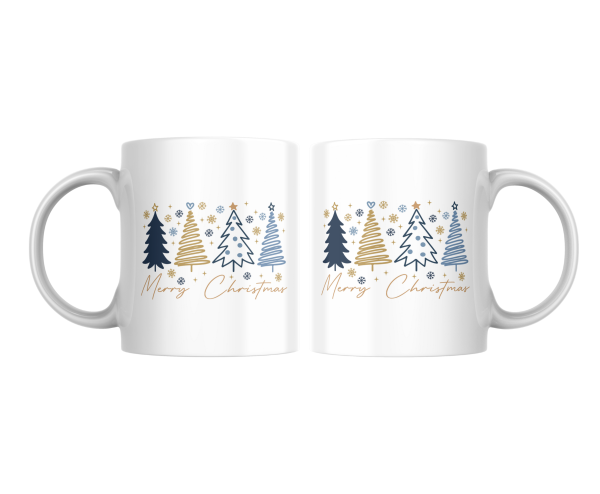 Zwei Merry-Christmas-Tassen mit blau-goldenen Weihnachtsbäumen, beidseitiger Sublimationsdruck.