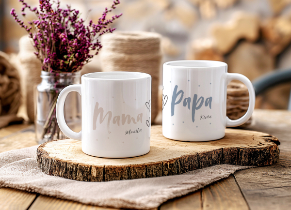 Personalisierte Mama- und Papa-Tassen in Rosa und Hellblau, Geschenkidee für Eltern.