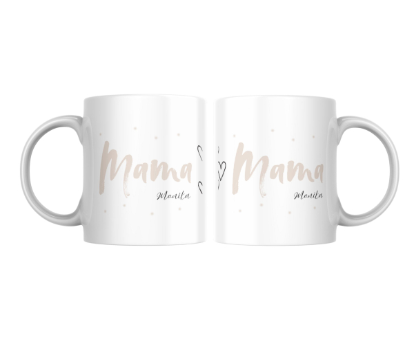 Produktansicht der personalisierten Mama-Tasse aus zwei Perspektiven.