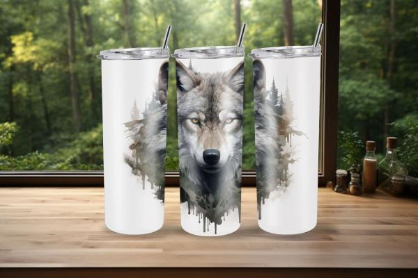Drei Thermobecher mit künstlerischem Wolfsmotiv, das das Gesicht eines grauen Wolfs mit durchdringendem Blick und Waldszenen im Hintergrund zeigt. Die Waldlandschaft ist in einem Wasserfarben-Stil gestaltet, der an einen verlaufenden Tinten-Effekt erinner